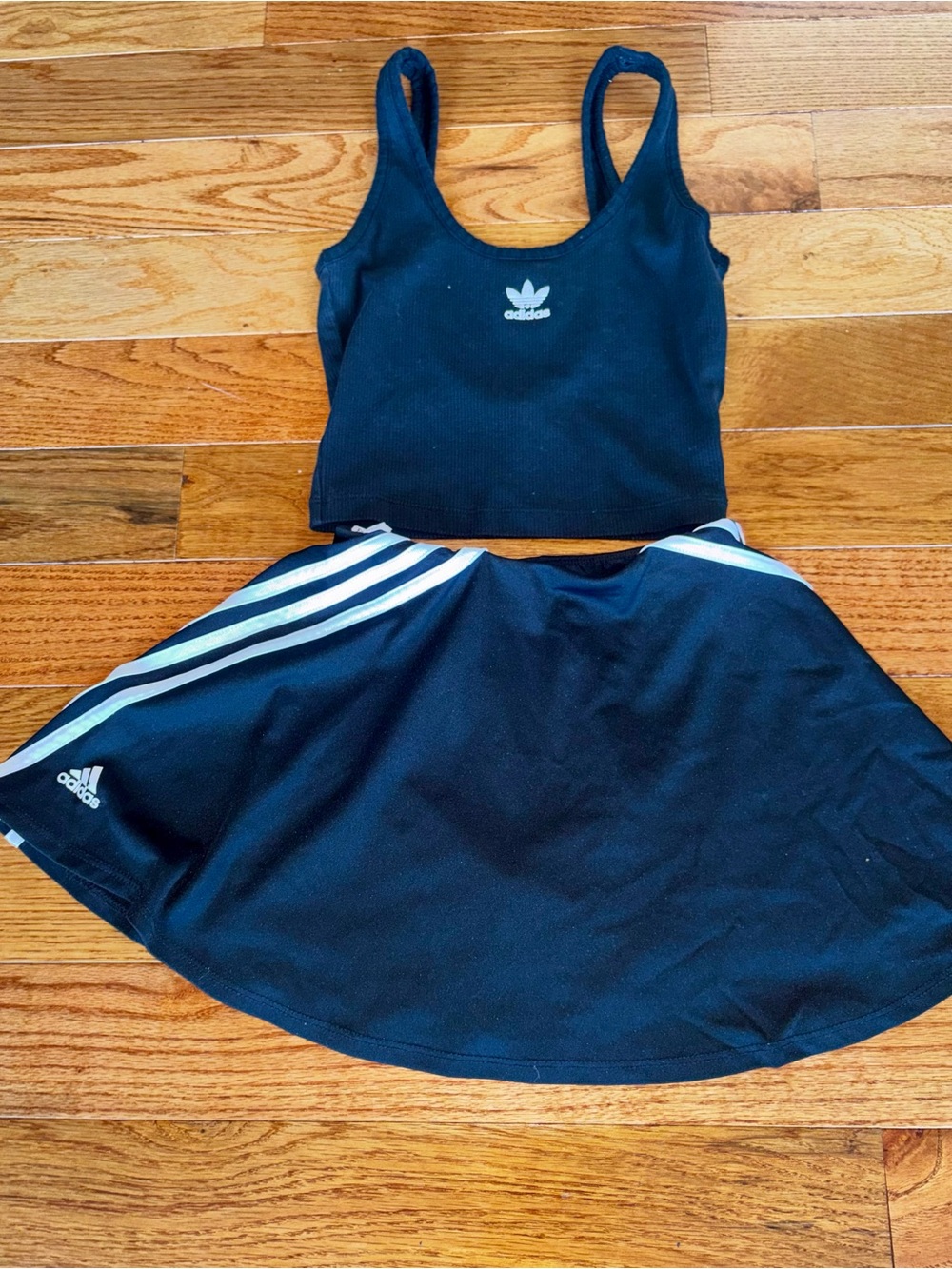 adidas Black Crop Tank and Athletic Skirt Set with White Stripes